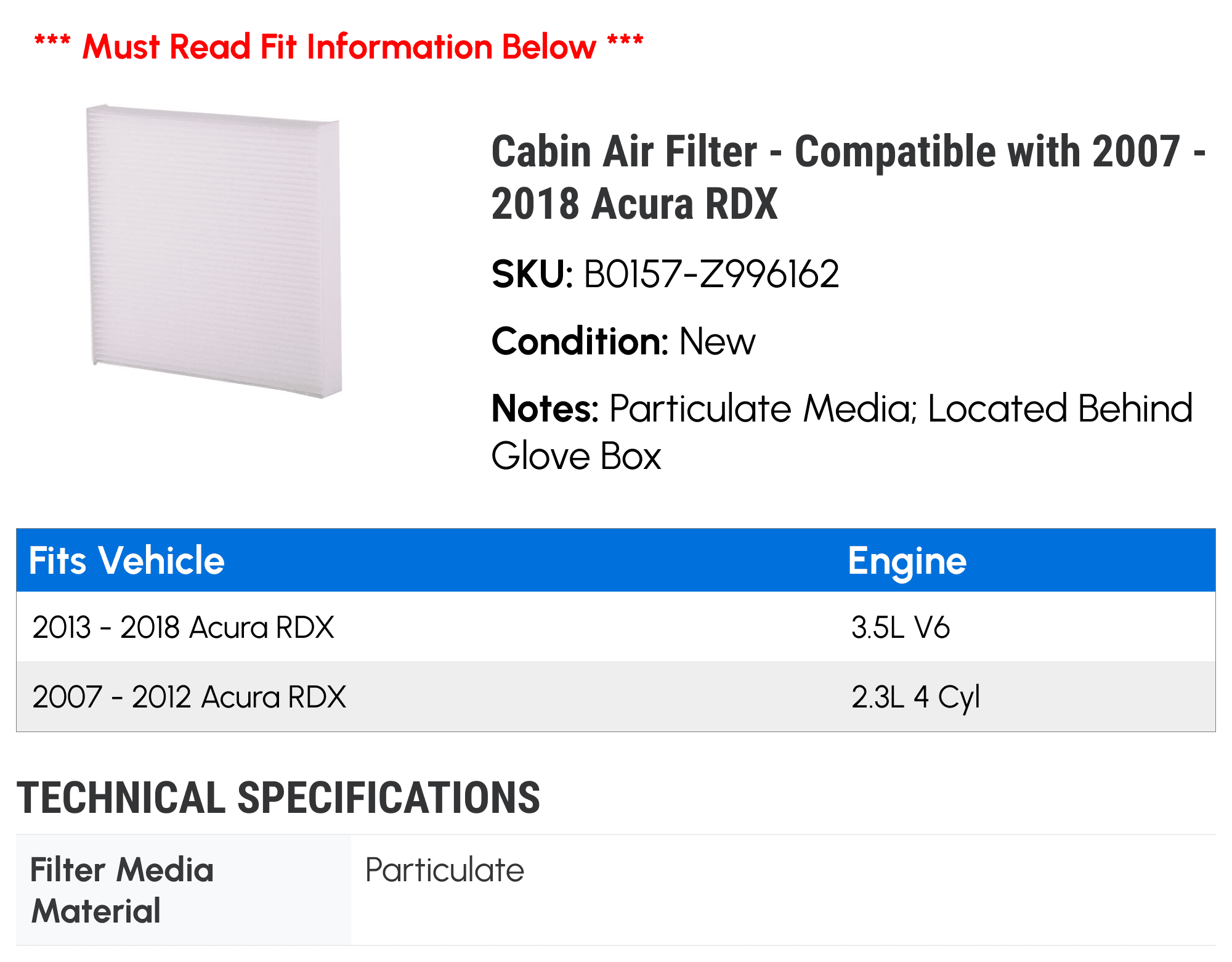 Cabin Air Filter - Compatible with 2007 - 2018 Acura RDX 2008 2009 2010 2011 2012 2013 2014 2015 2016 2017
