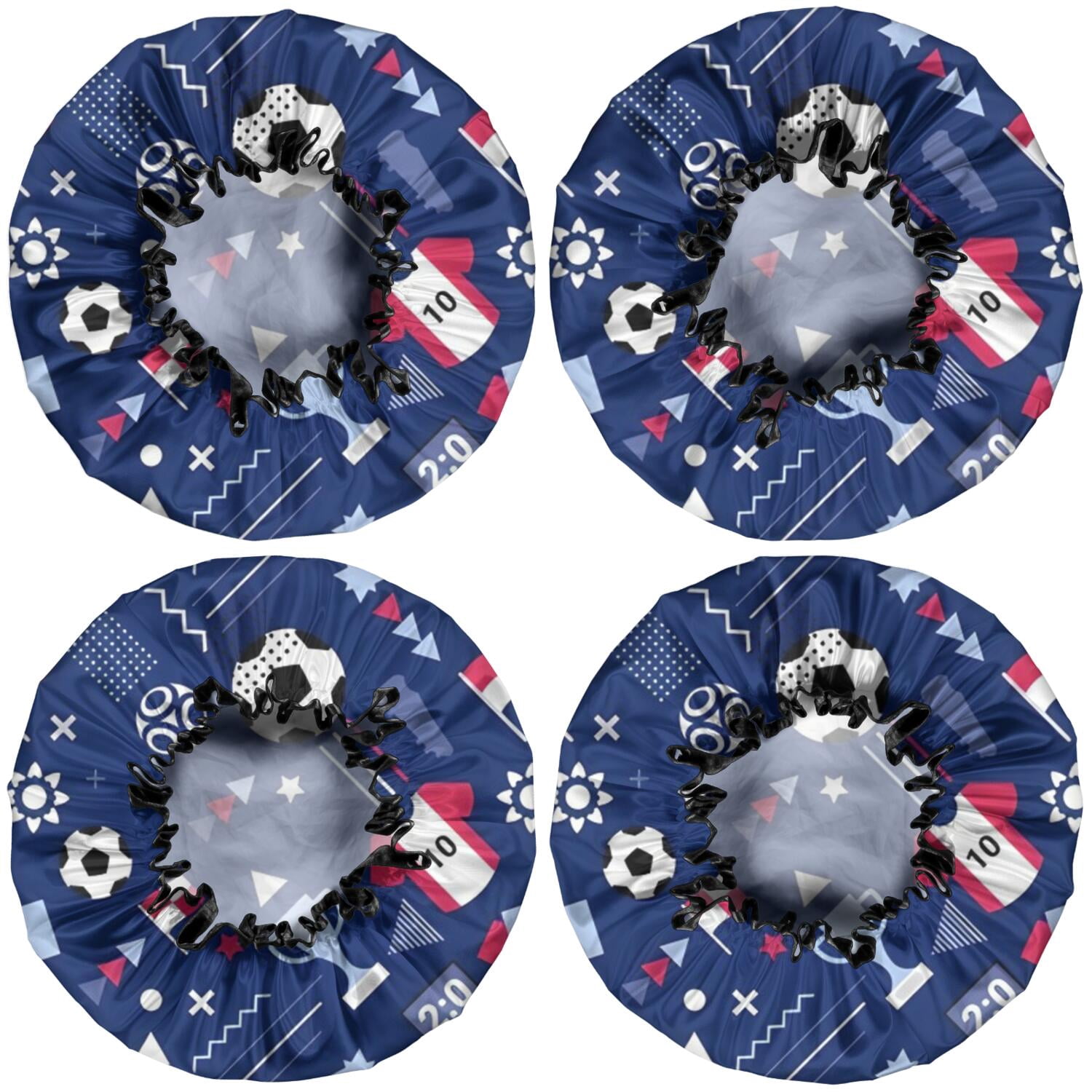 Shower Caps,Blue Soccer Elements Pattern Waterproof Shower Cap for Women 4 Pieces,Double Reusable Hair Cover for Shower PEVA Elastic Stretch Hem