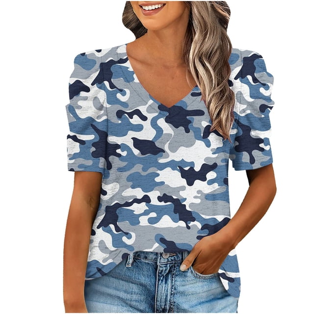 Camiseta informal de verano para mujer, cuello en V, manga abullonada bonita, jersey estampado de manga corta, blusa, Tops Fridja ghk4048