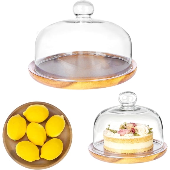 8 Inch Wooden Base Cake Display Stand with Glass Dome,Cloche Clear Glass Bell Jar Cover for Dessert Cheese Candy Plants Succulents