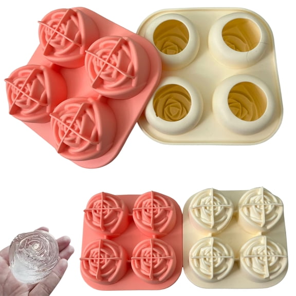 4-Pack Rose Ice Cube Molds – Large Silicone Flower Ice Trays for Cocktails, Whiskey, Bourbon – Reusable Rose-Shaped Ice Makers, BPA-Free, Aesthetic Bar Accessories in Pink & Cream Colors