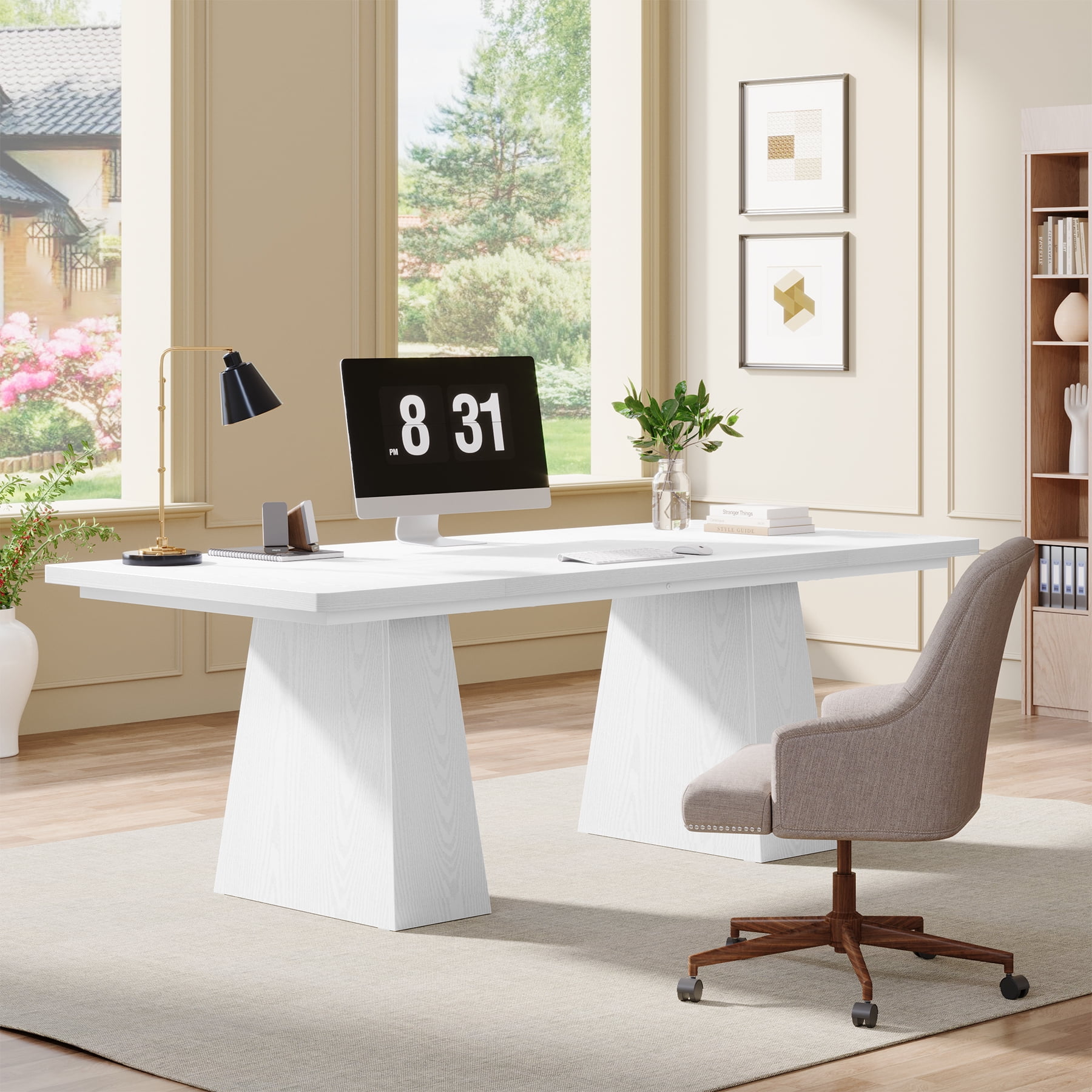 Tribesigns 63" Executive Desk, Modern Office Computer Desk with Double Pedestal, Large Simple Workstations Writing Table Conference Table, White