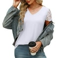 thumbnail image 6 of Summer Fashion Tops for Womens 2025 Plus Size Casual Loose Solid Color V-neck Lace Patchwork Short Sleeved Top, 6 of 9