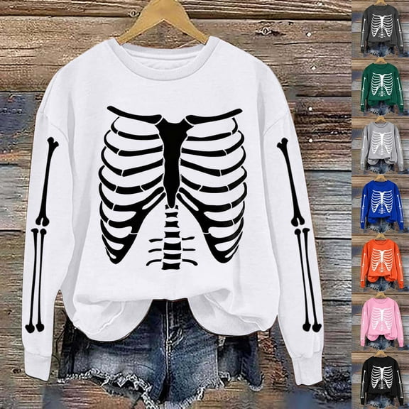 VKOYWKM Women Halloween Sweatshirts Crewneck Sweatshirts Skeleton Graphic Pullover Vintage Spooky Print Long Sleeve Fall Oversized Sweatshirt