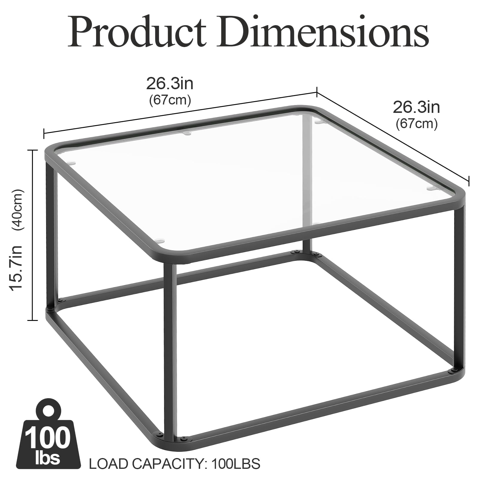 Coffee Table Glass, Minimalist Square Tables for Living Room, Modern Center Table for Office or Small Space, Tempered Glass, Sturdy Metal Frame, Easy Assembly, 26.4 x 26.4 x 15.7 Inches, Black