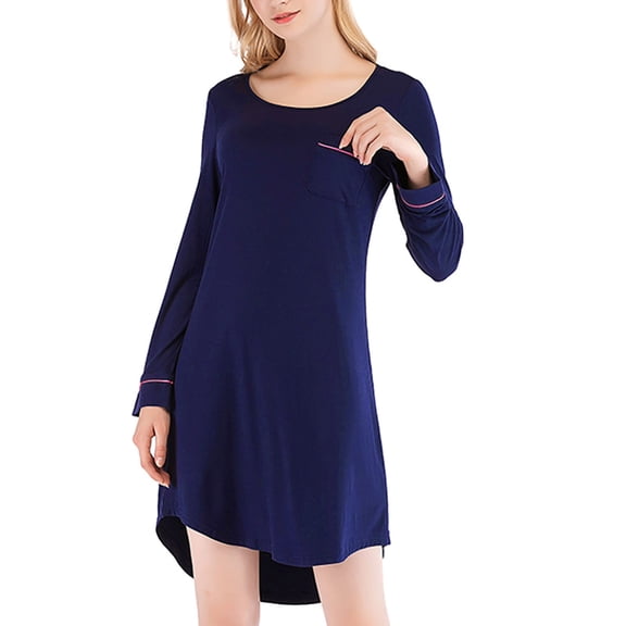 YWDJ Long Fall Dresses for Women 2022 Casual Women Fashion Nightgown Loose Long Sleeve Pocket O-Neck Women Home Dress Purple XS
