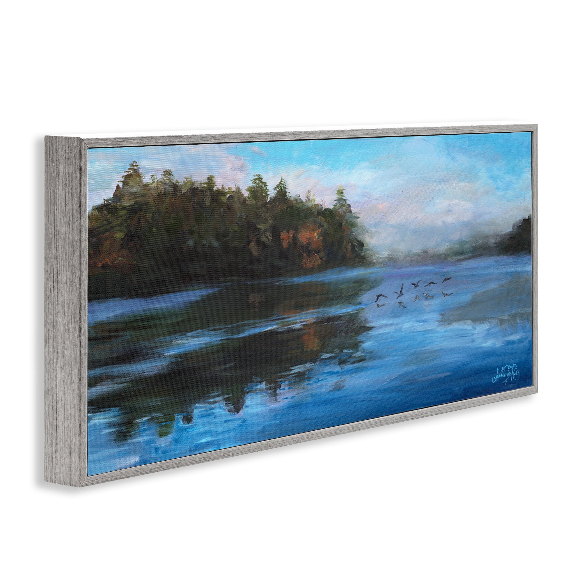 Stupell Industries Birds Along River Landscape Painting Gray Framed Art Print Wall Art, 24 x 10