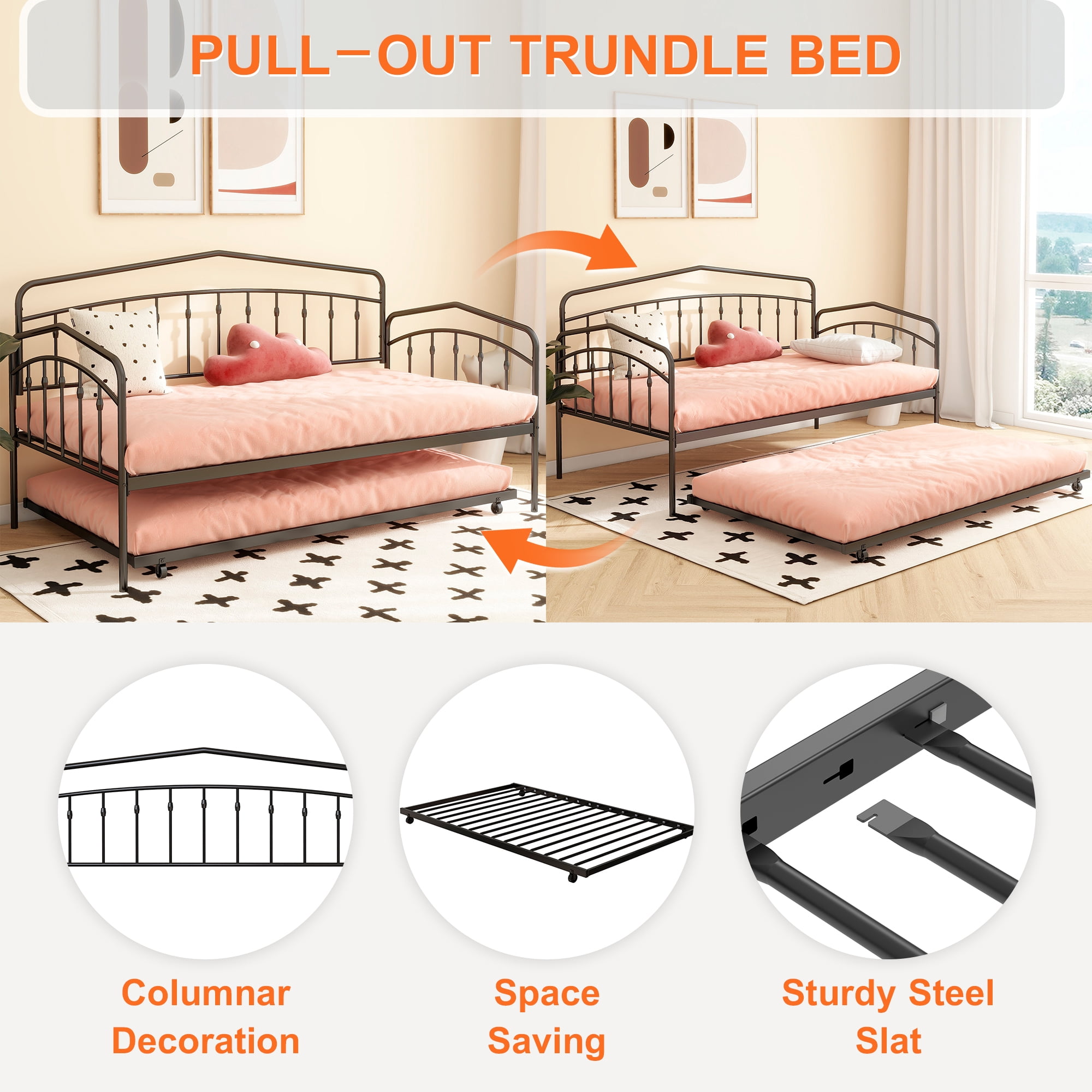 Miniyam Metal Twin Daybed with Pull Out Twin Trundle,Trundle Bed for Living Room Guest Room,Black(Mattress not included)