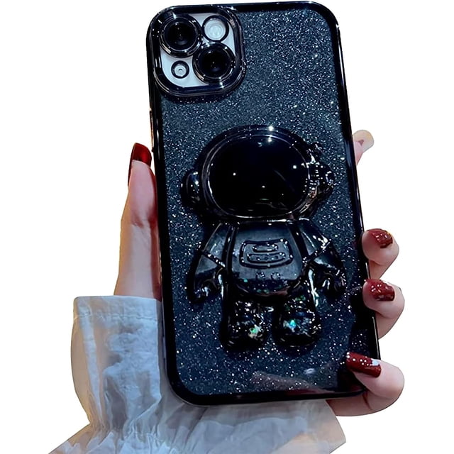 Funda 6D Bling Astronaut para iPhone 14, con baño líquido, purpurina flotante, arena movediza, parachoques, antigolpes, para mujer y niña, color negro (Astronauta fijo, sin soporte)