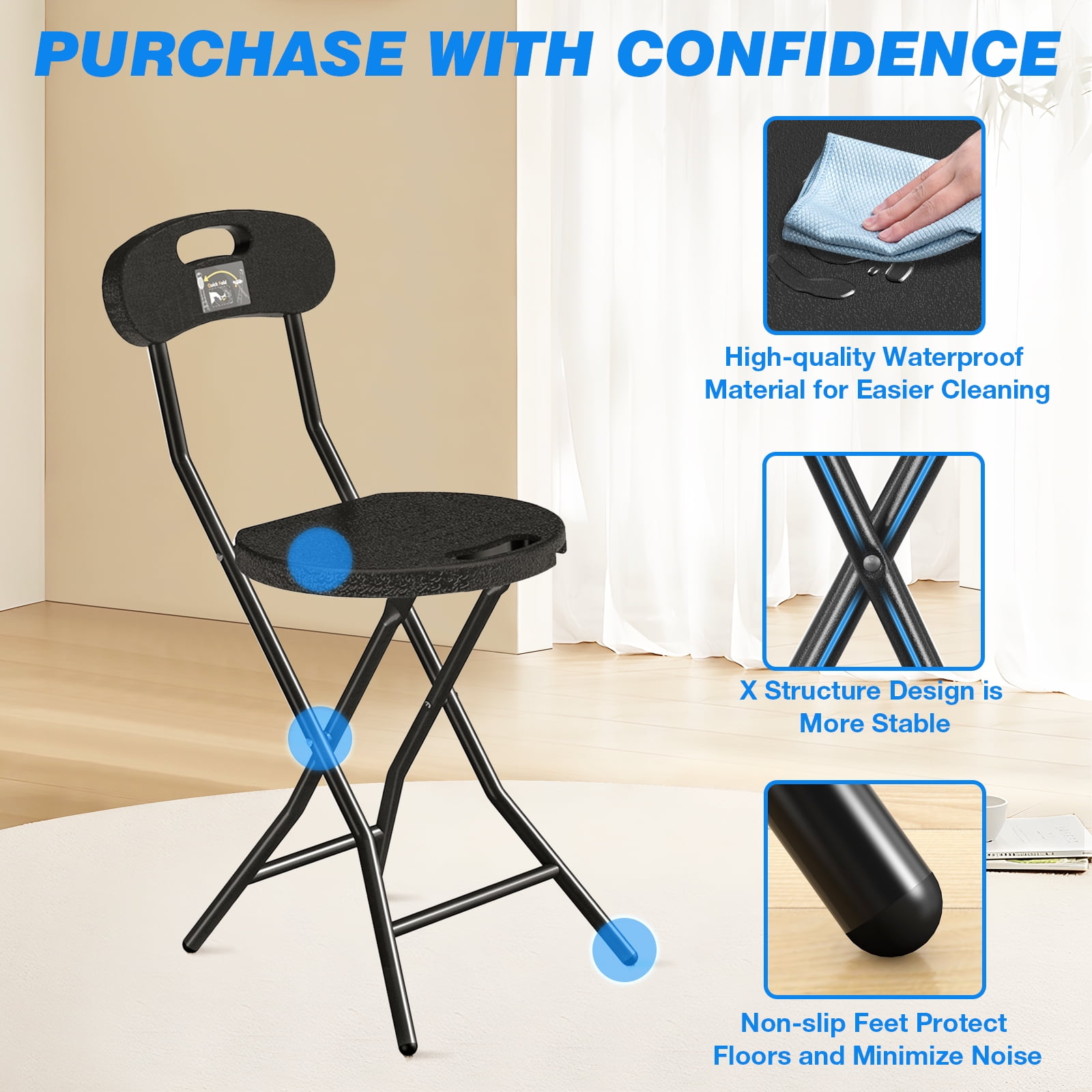 TAVR Furniture 2 Pack 18 inch Folding Stool with Backrest and Handle Holds up to 350lbs, Collapsible Round Folding Counter Height Stool for Camping