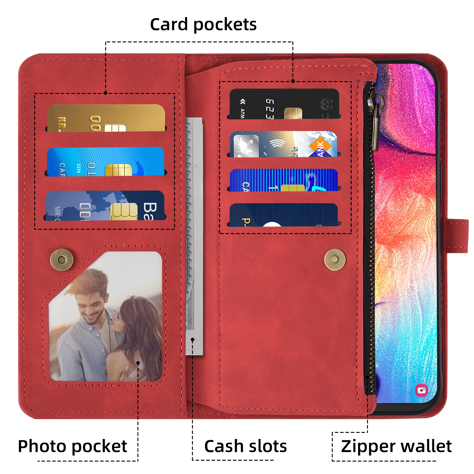 Asuwish Phone Case for Samsung Galaxy A50 A50S A30S Wallet Cover With Tempered Glass Screen Protector Crossbody Wrist Strap Flip Pattern Zipper Card Holder Cell A 50 50S 30S S50 50A SM A505G Men Red