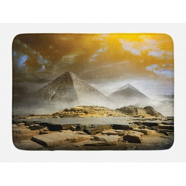 Egyptian Bath Mat, Storm Clouds over Pyramids Magical Photo of Ancient Culture Icons Eastern Art, Non-Slip Plush Mat Bathroom Kitchen Laundry Room Decor, 29.5 X 17.5 Inches, Cream Orange, Ambesonne