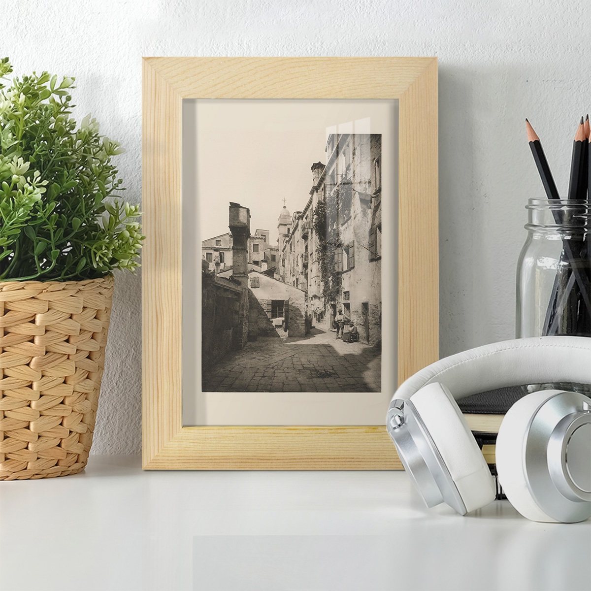 Vintage Views of Venice VIII - Framed Print w/glass - Natural Wood