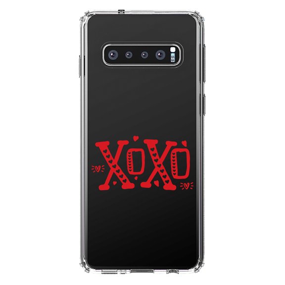 DistinctInk Clear Shockproof Hybrid Case for Samsung Galaxy S10  PLUS (6.4" Screen) - TPU Bumper Acrylic Back Tempered Glass Screen Protector - XOXO Red Hearts Valentine