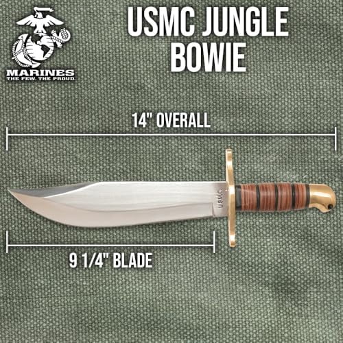 USMC Jungle Bowie Knife | Premium Leather Sheath | 9 1/4" Stainless Steel Blade | Stacked Leather Handle | Polished Brass Handguard and Pommel | Makes Excellent Gift for a Marine |