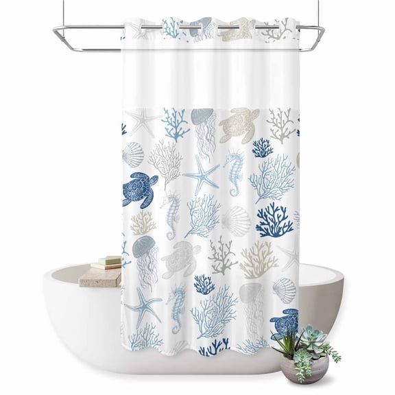 No Hook Shower Curtain for Bathroom, Navy Blue Coastal Waterproof Hotel Quality Shower Curtains, Nautical Summer Beach Coral Sea Turtle Single Layer & Mesh Top Washable Fabric Bath Curtain 36''x72''