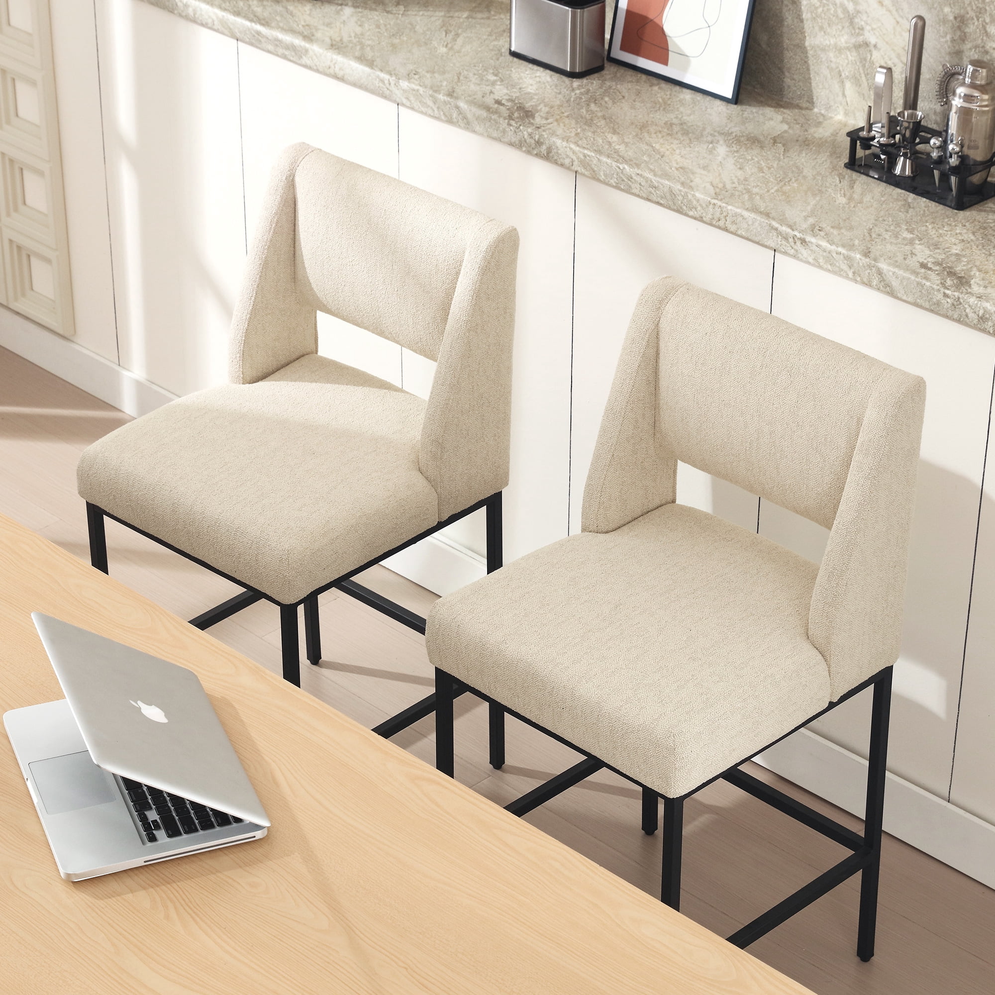 Zesthouse 26.4" Modern Counter Stools Set of 2, Linen Fabric Bar Stools with Back and Metal Legs, Extra Thick Upholstered Counter Height Chairs for Kitchen Island, Beige