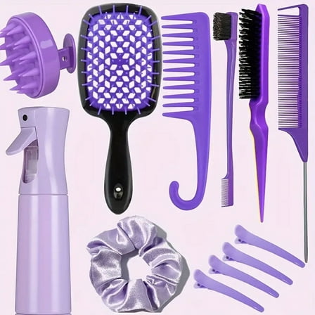 12pcs/set Hair Styling Comb Set - Detangling Brush for All Hair Types - Teasing Rat Tail Comb - Silicone Scalp Massager - Shampoo Brush - Hairdressing Spray Bottle