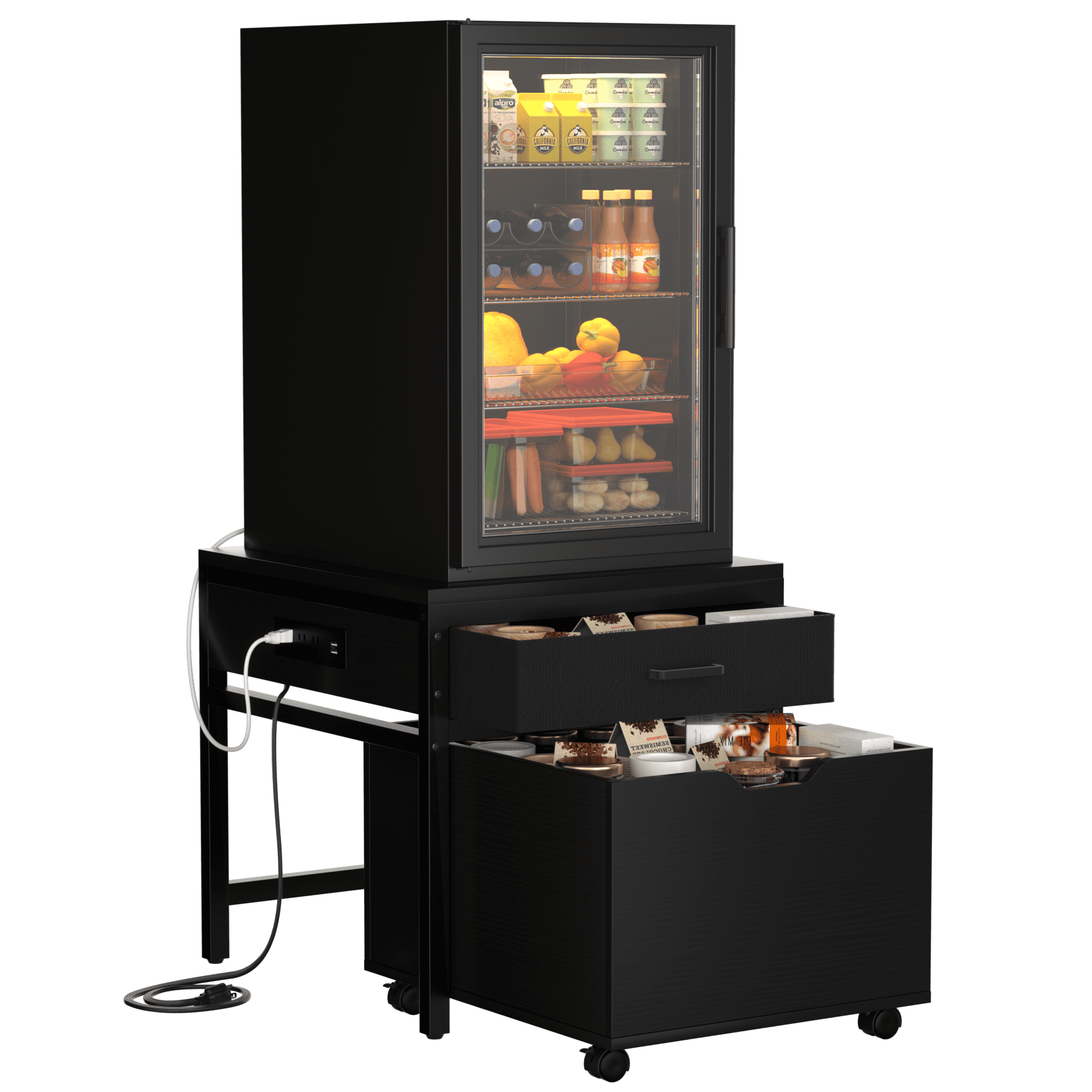 Homieasy Mini Fridge Stand with Drawer Storage & Sockets, Heavy Duty Mini Refrigerator table with Rolling Cabinet for Dorm, Apartment, Office, Mini Fridge and Microwave Stand,Black