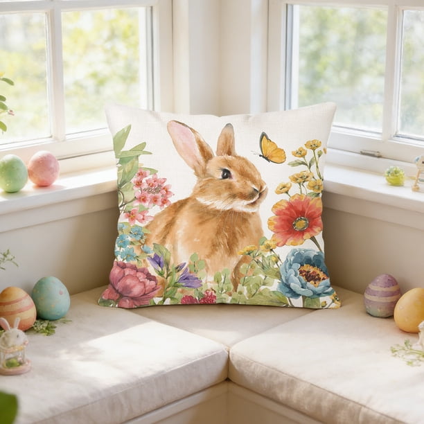 Fundas de almohada decorativas con diseño de conejos de Pascua, para sofá, hogar, decoración de Pascua, funda de almohada de lino.