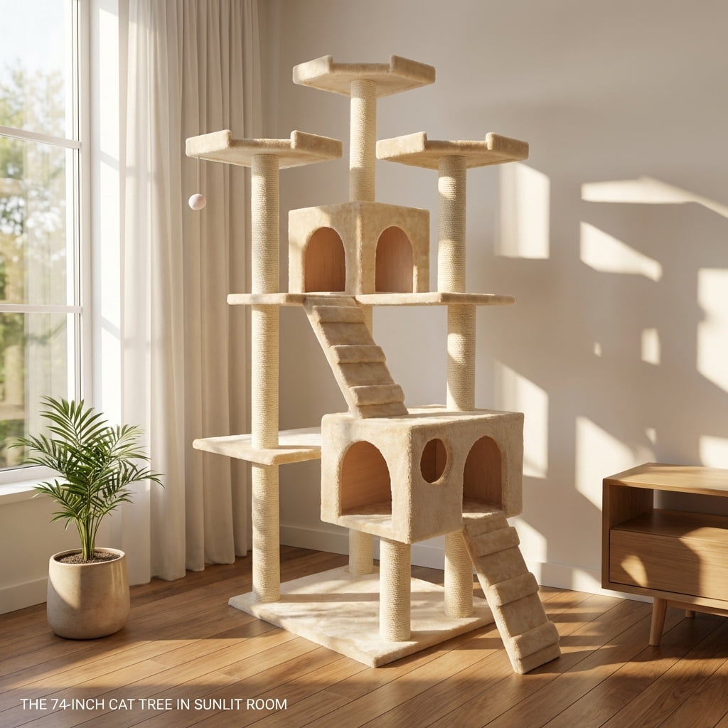 Multi-Level Cat Tree Tower with Sisal Scratching Posts, 2 Condos, Plush Fabric, Beige, 74 Inches Tall