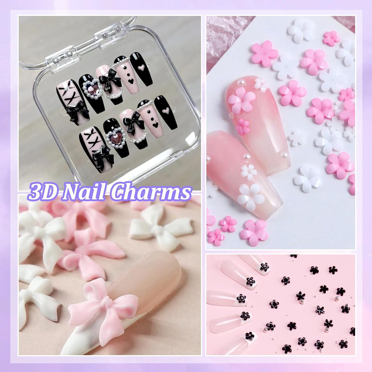 3D Bow Nail Charms and Gems, Pink Black Bows Flower Nail Art Charms Alloy Bows for Nails, Mixed Nail Gems Rhinestones Bowknots Caviar Beads Charms for Nails DIY Nail Art Accessories