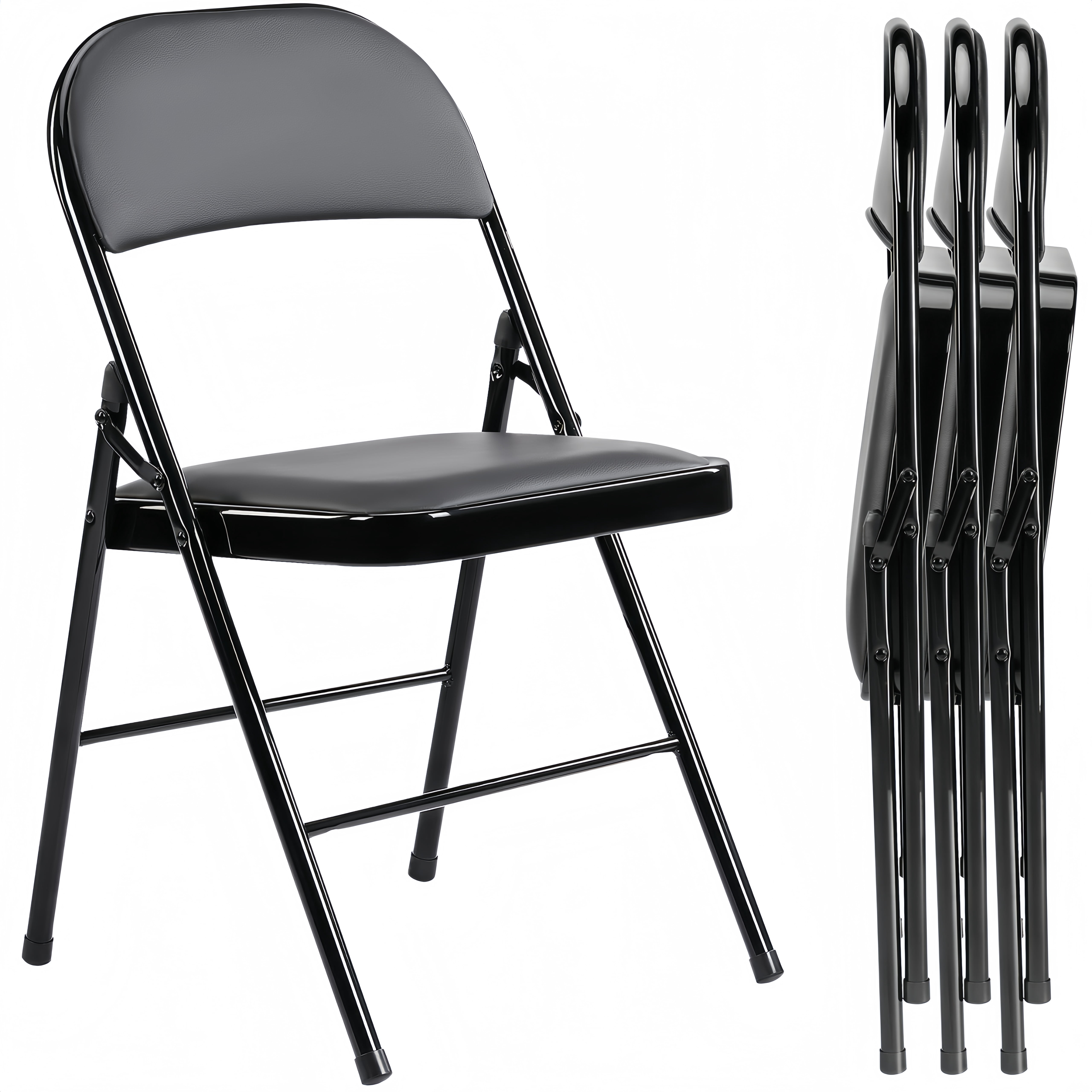 Folding Leather Padded Black Chair 4-Pack for Home Office & Outdoor
