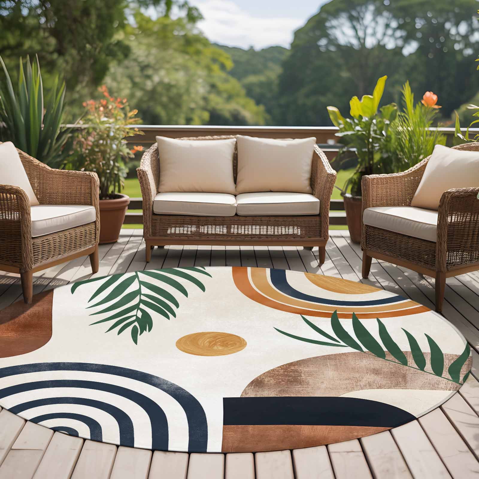 Boho Middle Century 6ft Round Rug, Modern Abstract Botanical Geometric Non-Skid Rubber Backing Large Area Rugs - Living Room Bedroom Home Office, Indoor Floor Mat Carpets Washable Rug