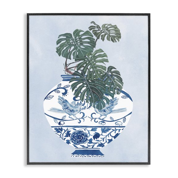 Stupell Industries Eclectic Monstera Palm Plant Ornate Blue Bird Vase Scene Black Framed Giclee Art, 24 x 30, by Melissa Wang