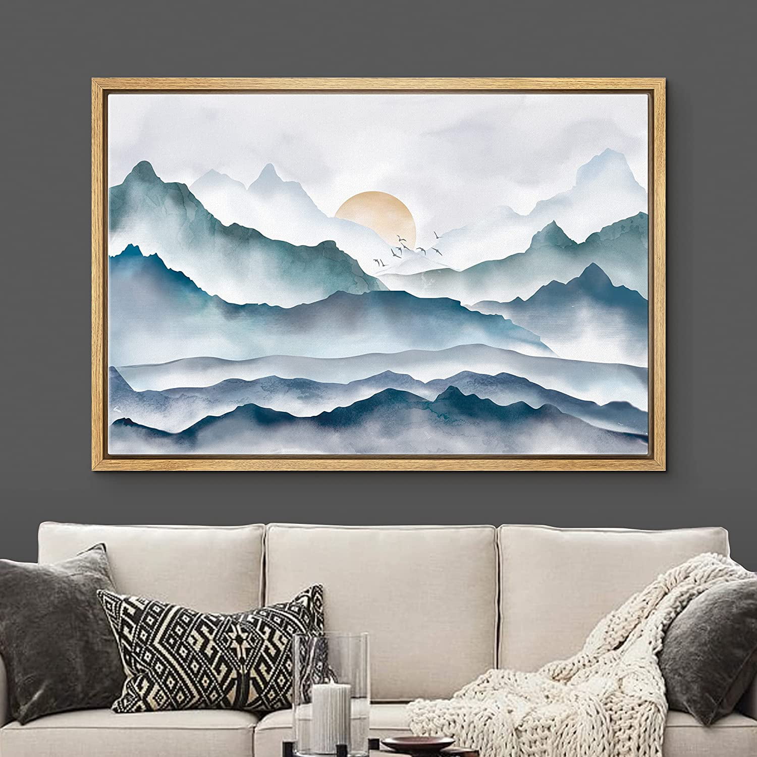 Wall26 Framed Canvas Print Wall Art Blue Watercolor Mountains  Reflection Nature  Wilderness Illustrations Modern Art Rustic Scenic Colorful for Living Room,  Bedroom, Office 24