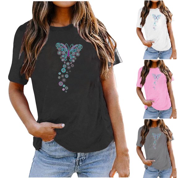 Fesfesfes Womens Workout Tops Short Sleeve Women's Fashion Printed Loose T-shirt Short Sleeves Blouse Round-Neck Casual Tops Fitted Shirts for Women 10(XL)