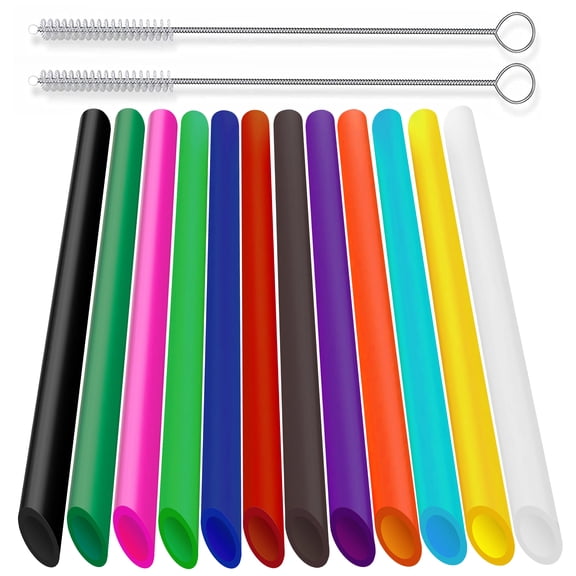24-Pack Reusable Plastic Boba Straws, Pointed Design, 10.5 inch Long Smoothie Straws with 2 Cleaning Brush(13mm)