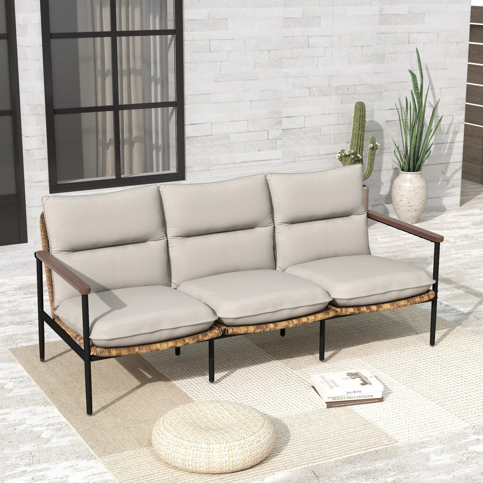 Aluminum Outdoor Patio Sofa, 3-Seat Couch with Wicker Backrest & Acacia Wood Armrests, 4.7" Olefin Cushions, Weather-Resistant for Backyard, Balcony, Porch