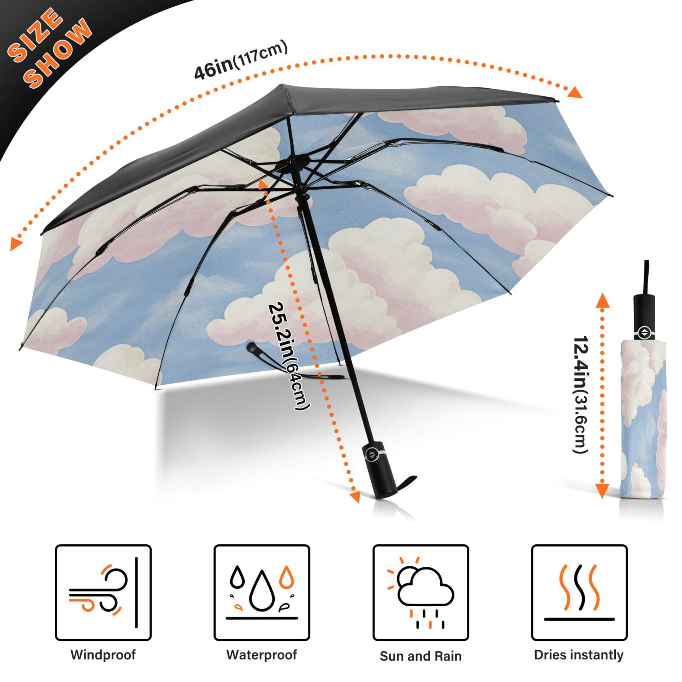 Blue Sky and White Clouds Extra Large Automatic Umbrella, UV Protection, Waterproof, Auto Open and Close