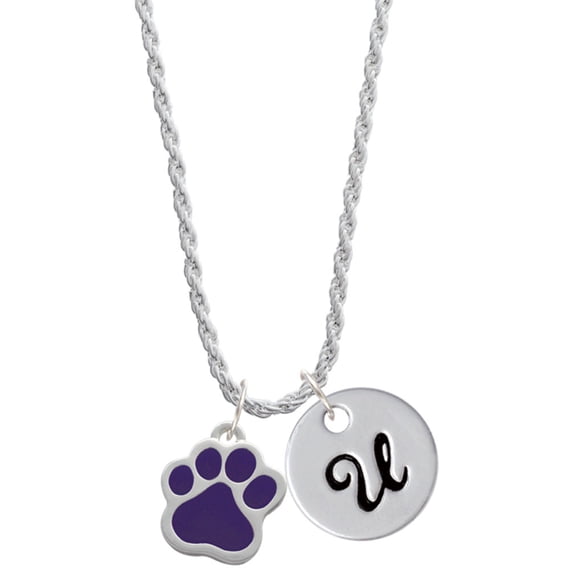 Delight Jewelry Silvertone Large Purple Paw Silvertone Script Initial Disc - U - Charm Necklace, 20"+3"