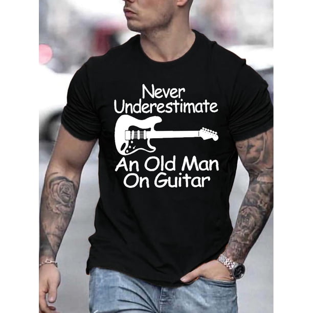 Men's Guitar Graphic T-Shirt - Crew Neck Polyester Knit Tee with Slight Stretch, Casual Style for Summer, Regular Fit Adult Crewneck Shirt with Printed Design