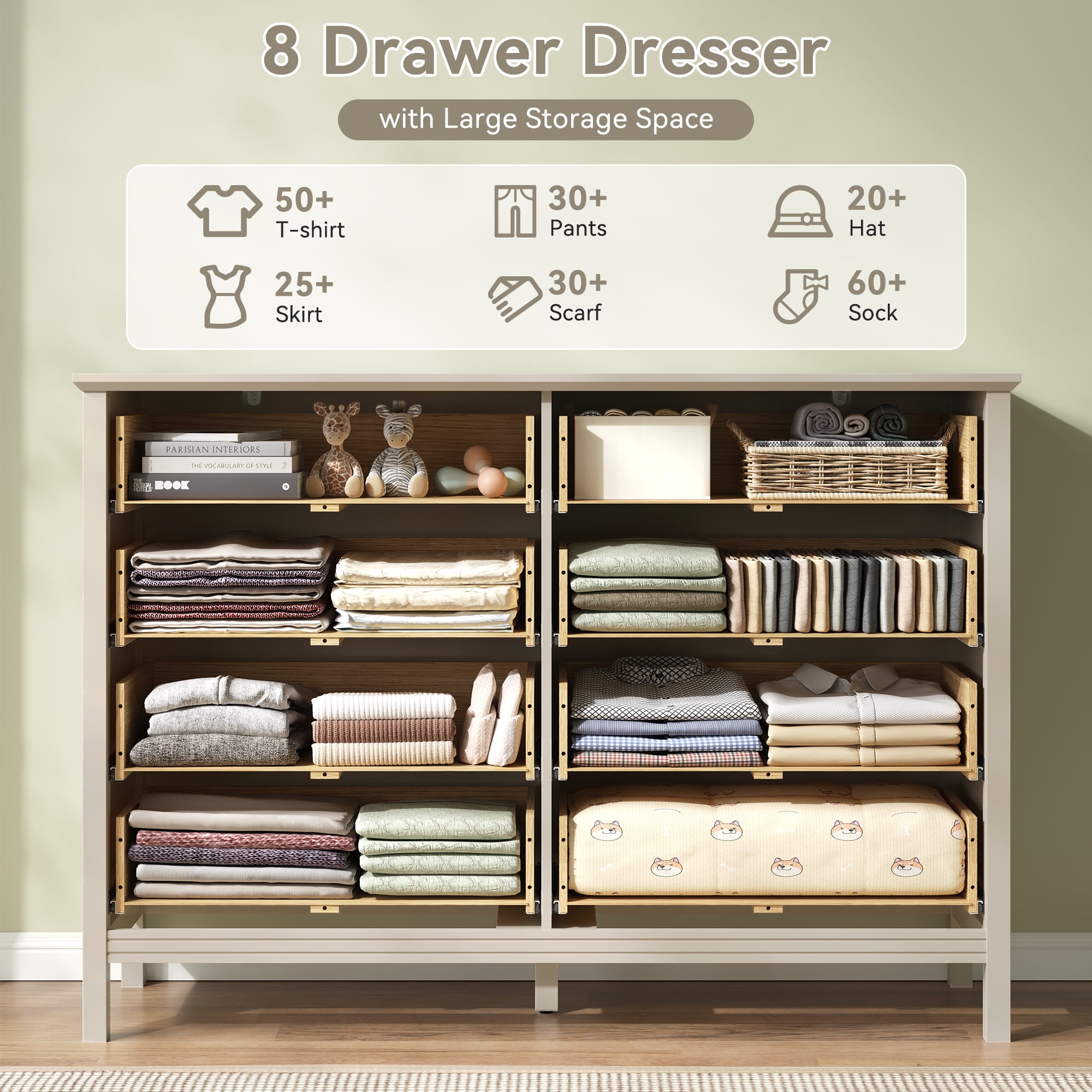 YouTrend 8-Drawer Dressers for Bedroom,55.1"Width Modern Chest of Drawer with Metal Handlesfor Living Room,Hallway,Entryway,Beige