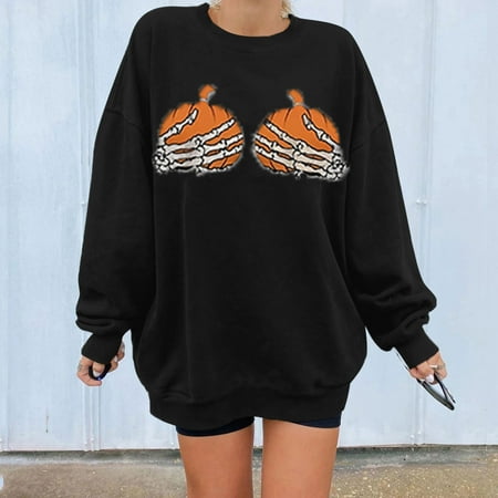 

jsaierl Oversized Sweatshirt for Women Loose Fit Long Sleeve Pullover Skeleton Halloween Sweatshirt Crewneck Workout Tops for Women Lightweight Halloween Top for Women
