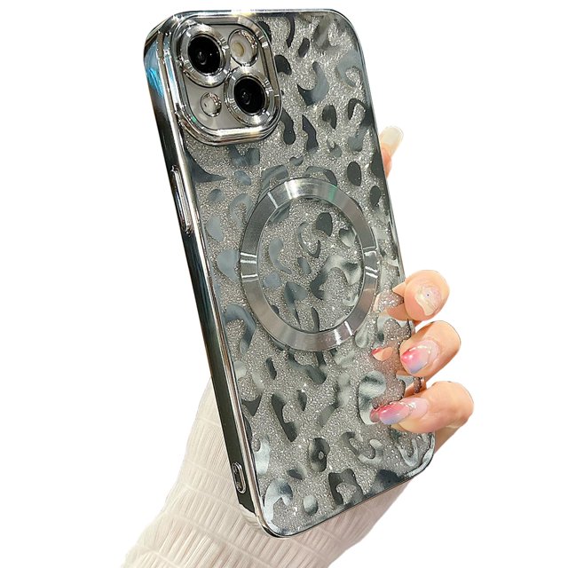 Zonrw Para Iphone 14 Funda Magnética Suave Lindo Lujo Leopardo Cheetah Patrón Chapado Glitter Bling Funda Para Teléfono Compatible Con Magsafe Transparente Contraportada A Prueba De Golpes Para Mujer