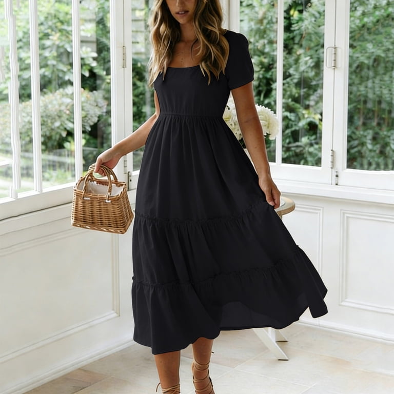 Xdegoge Dresses for Women Square Neck Puff Sleeve Tiered Midi Dress Empire Waist Fit and Flare Dress Elegant Dress Wedding Guest Tea Party Church Wear