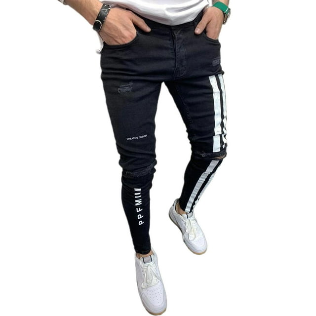 Men's Ripped Distressed Casual Jeans, Casual Slim Fit Letter Stripes Print Skinny Denim Pants