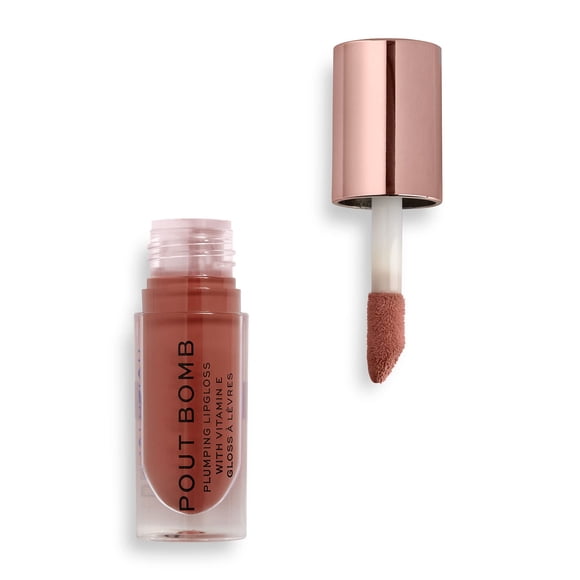 Revolution Pout Bomb Brillo de labios voluminizador de alto brillo, pigmento brillante rico en vitamina E, galleta, color nude profundo, 0,15 onzas líquidas
