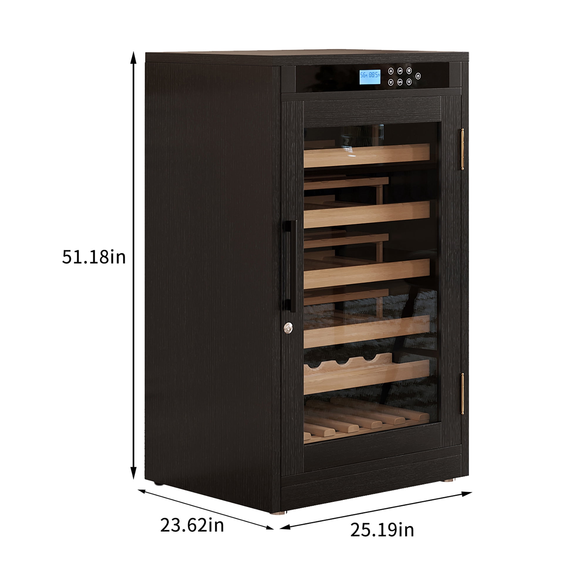 69-Bottle Freestanding Black Wine Fridge | Touch screen control, light-blocking glass, and precise temp regulation for optimal aging