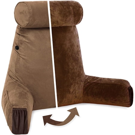 Medium Aspen Edition Saddle Brown, Sit Up Reading & Bed Rest with Arms, Ultra-Comfy, Detach Neck Roll - Premium Shredded Memory Foam Backrest, Reverses to Micro: Suede or Plush