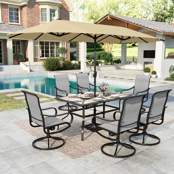 SUMMIT LIVING 8-Piece Outdoor Patio Dining Set with 13ft Beige Patio Umbrella, Patio Swivel Textilene Chairs & Wood-like Top Table, Black & Light-gray