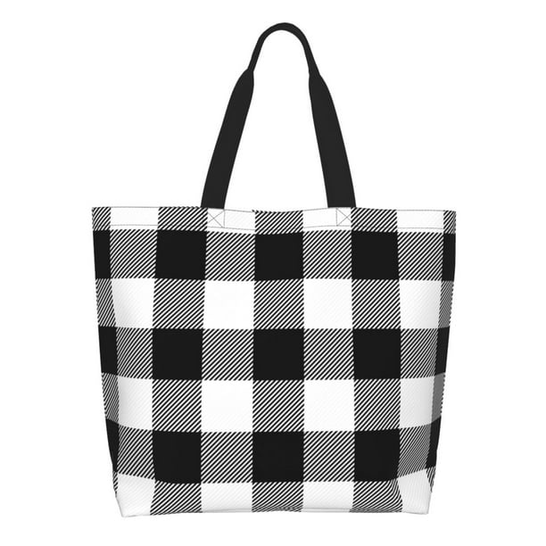 Balery White And Black Plaid Bolsa Tote Estilo Estético con Cremalleras, Bolsa de Hombro, Bolsa de Compras Grande y Plegable