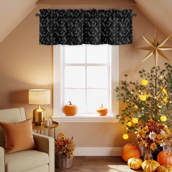 Kitchen Valances for Window, Abstract Flower Leaves on Black Light Filtering Rod Pocket Valance Curtain, Seamless Plant Short Curtains Window Topper for Bedroom Bathroom Living Room 42x18in