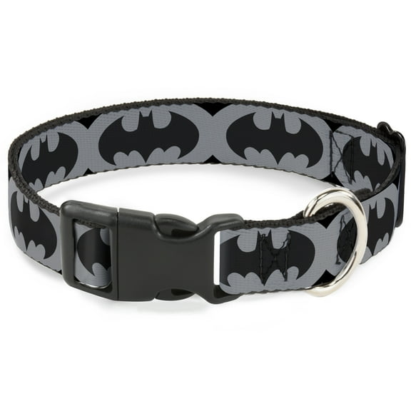 DC Comics Pet Collar, Dog Collar Plastic Buckle, Bat Signal Black Gray Black, 8.5 to 12 Inches 0.5 Inch Wide