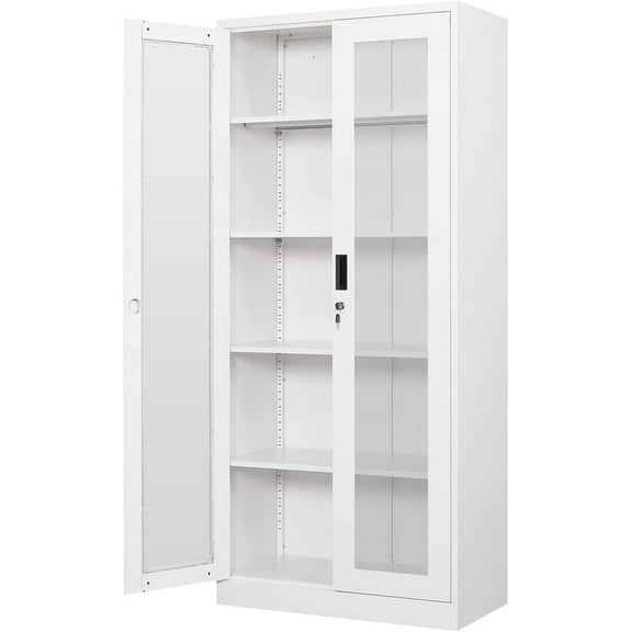 Display Cabinet with Glass Doors, Curio Cabinets with 4 Adjustable Shelves, Locking Glass Cabinet Display Case for Home, Office, Clinic, Pantry, Assemble Required, White