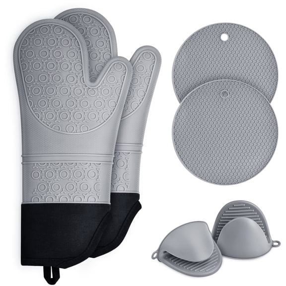 Sopito Oven Gloves, Set of 6 Silicone Oven Mitts 446°F Heat Resistant with Pot Holders for Kitchen Baking Grilling Microwave, Grey